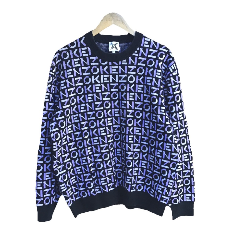 KENZO Women's XL All Over Logo Monogram Knit Sweater Black Purple Stain